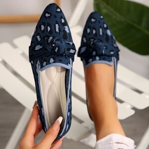 Stylish Mesh Blue Leopard Print Women's  Flat Slip On Loafers